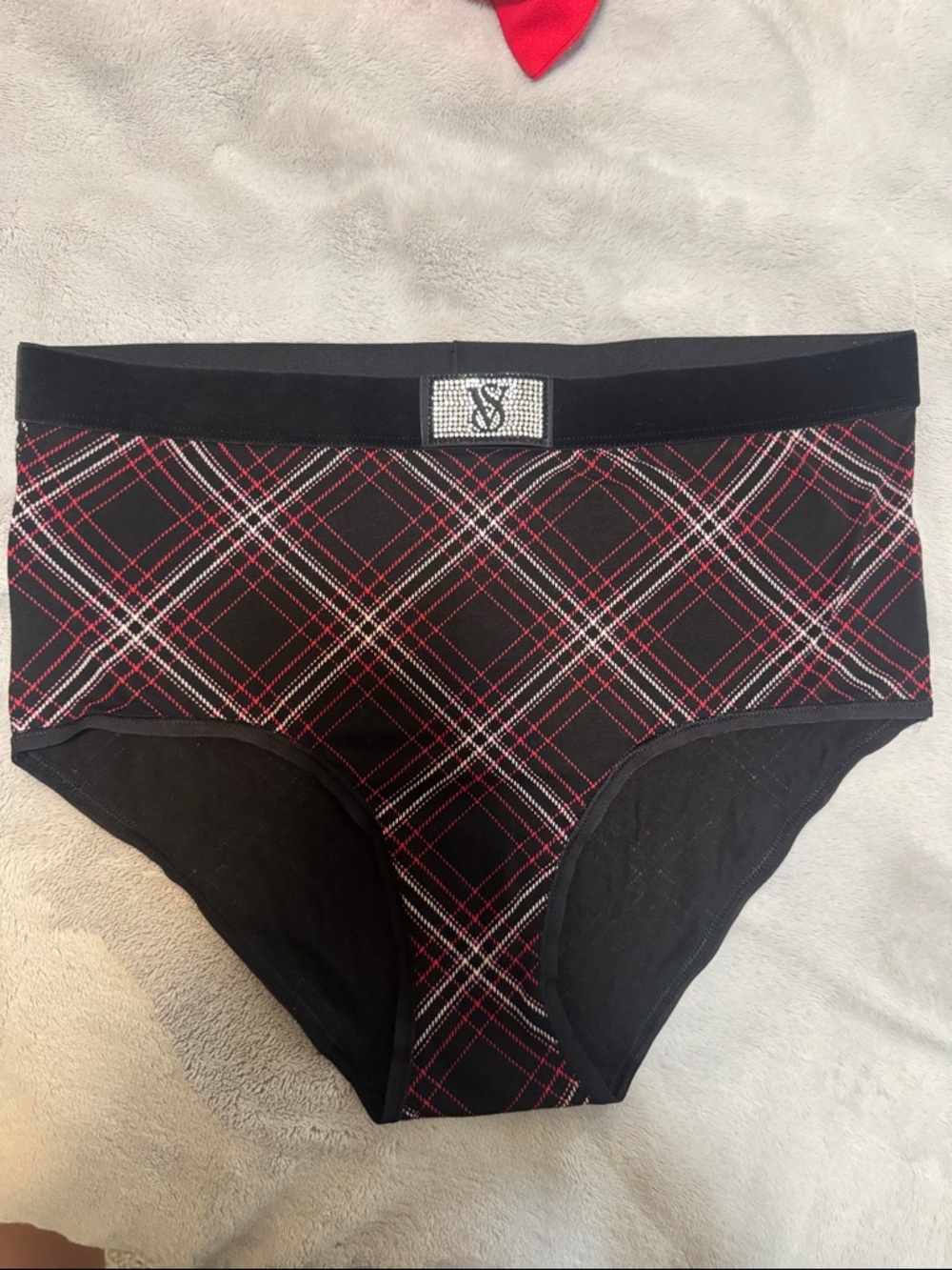 Victoria's Secret Black Plaid High-Waist Panty with Red and White Trim